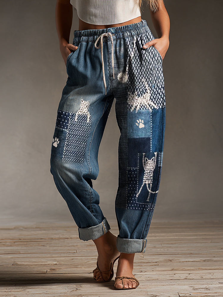 Comstylish Cats & Paw Prints Japanese Sashiko Embroidered Drawstring Casual Pants