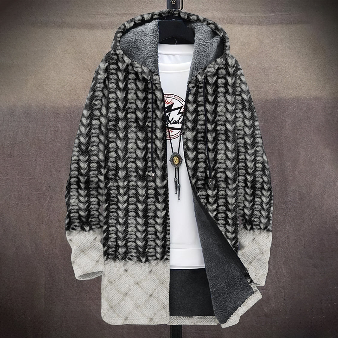 Men's Vintage Knitted Graphic Cozy Plush Hooded Coat artswardrobe