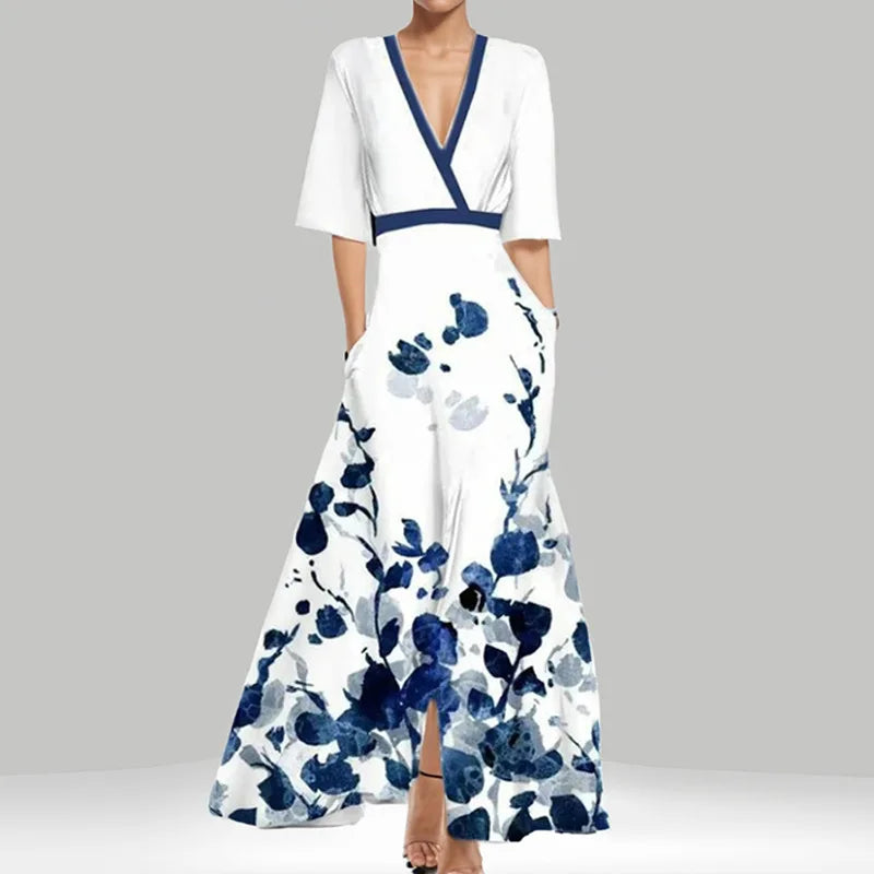 LB | Spring Summer Women Fashion V Neck Belted Party Long Dress Sexy Print Boho Maxi Dresses Short Sleeve Bag Femlae Holiday