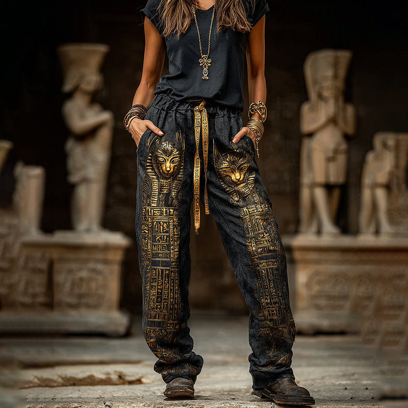 Comstylish Women's Vintage Ancient Egyptian Cat Art Linen Blend Casual Pants
