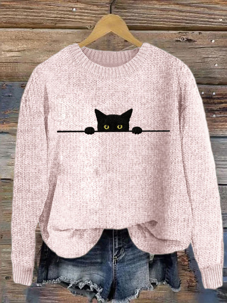 Comstylish Women's Casual Funny Black Cat Print Sweater