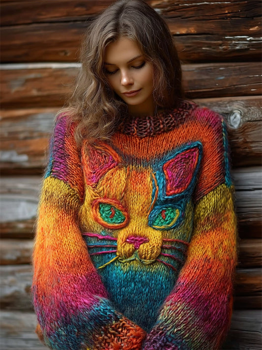 Comstylish Boho Cat Face Gradient Colorful Cozy Chunky Sweater