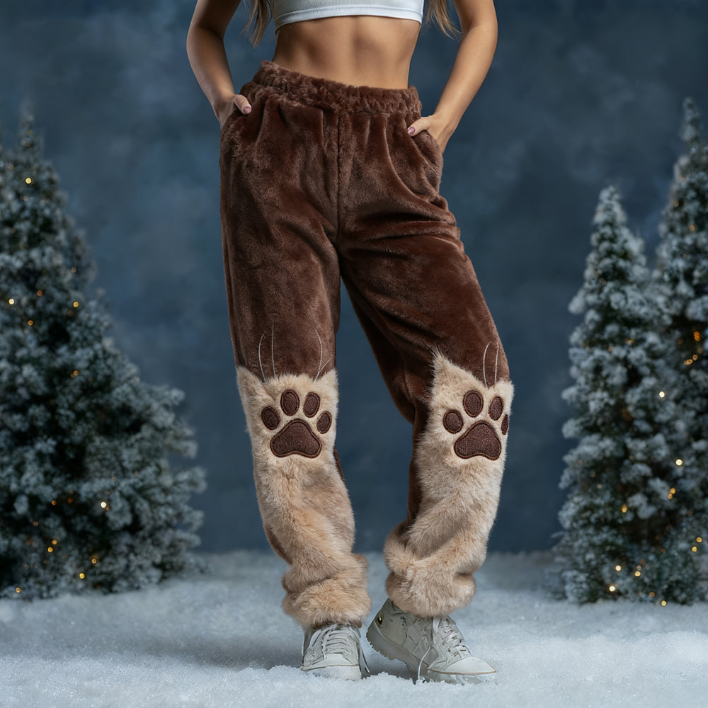 Comstylish Cute Fuzzy Cat Embroidered Cozy Plush Sweatpants