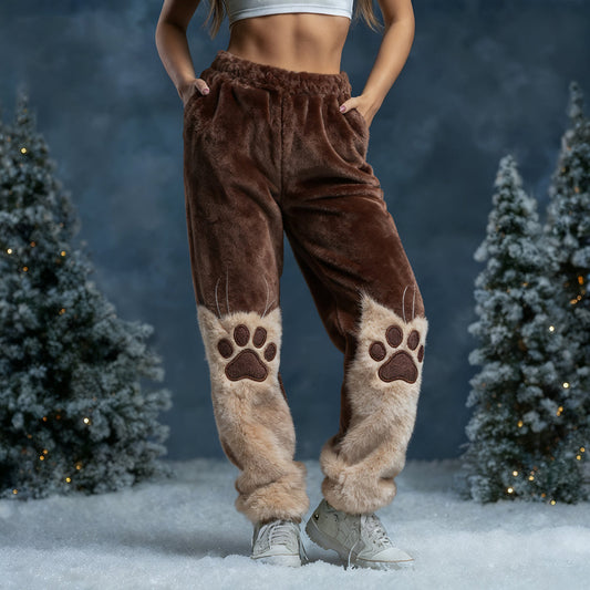 Comstylish Cute Fuzzy Cat Embroidered Cozy Plush Sweatpants