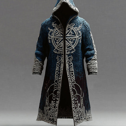 Men's Viking Contrast-color Compass Embroidered Knit Hooded Coat artswardrobe