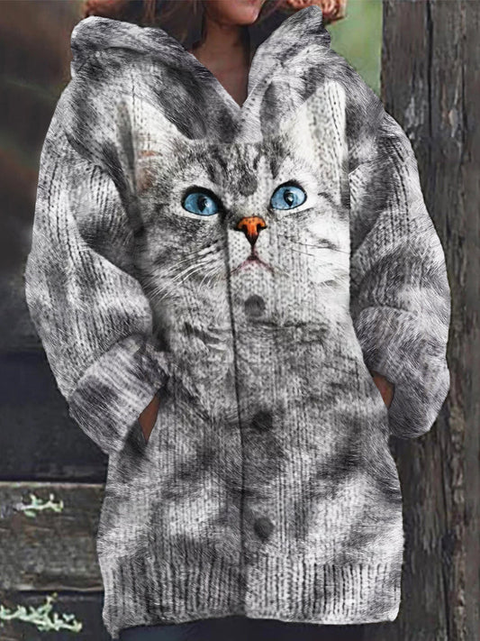 Comstylish Cute Gray Cat Print Women's Hooded Cardigan