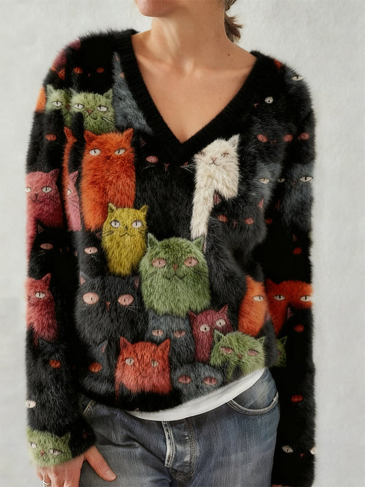 Comstylish Cute Colorful Cats Pattern V Neck Cozy Plush Sweater