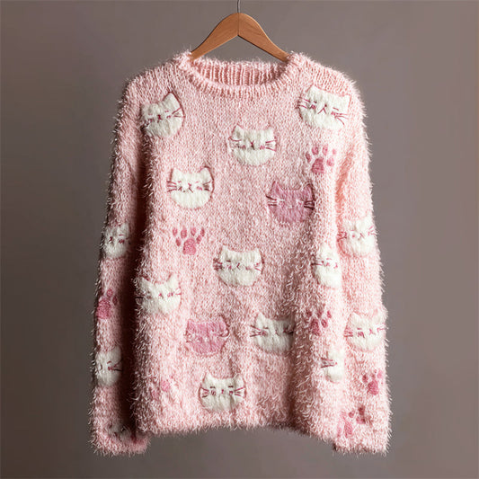 Comstylish Lovely Cats Paw Prints Embroidered Cozy Fuzzy Sweater