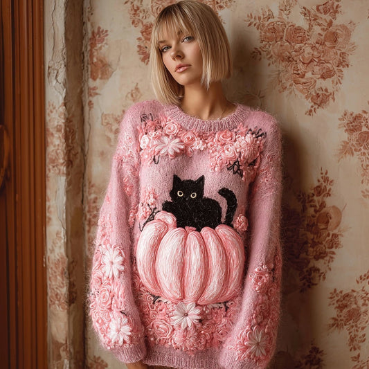 Comstylish Retro Black Cat Pumpkin Embroidered Cozy Knit Sweater