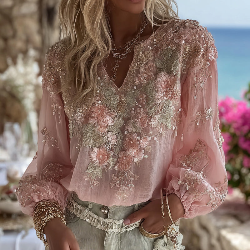 Women's Elegant Pink Floral Embroidery Art V-neck Long Sleeve Blouse