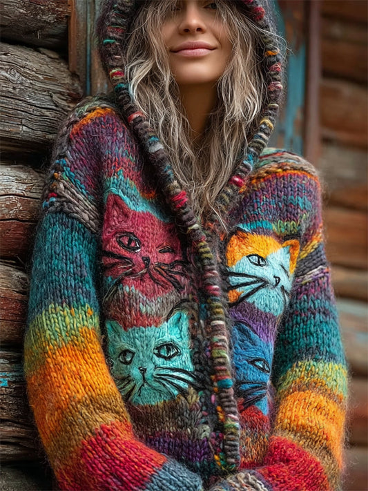 Comstylish Boho Cats Colorblock Gradient Cozy Knit Cardigan