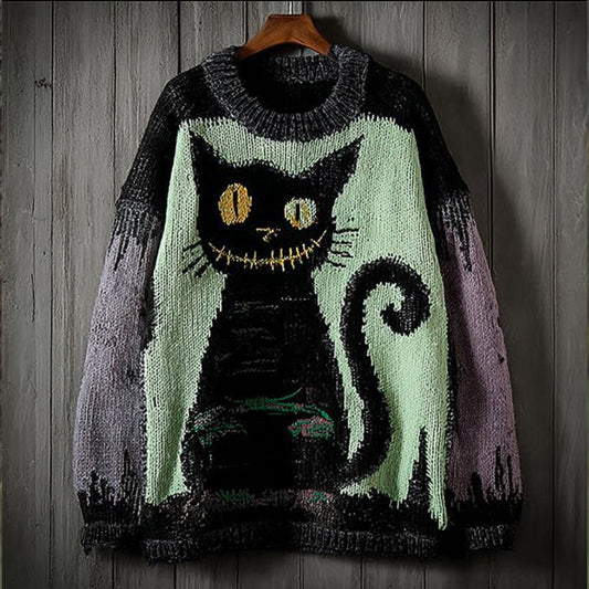 Comstylish Halloween Devil Cat Retro Round Neck Sweater