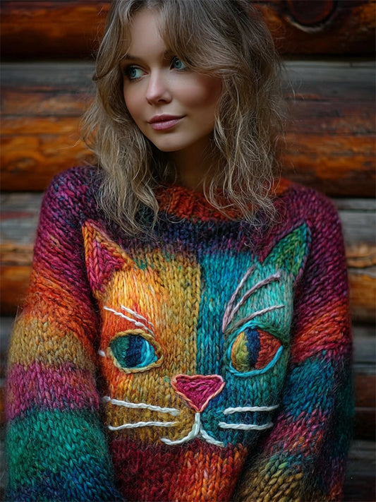 Comstylish Vintage Lovely Cat Face Gradient Colorblock Cozy Chunky Sweater