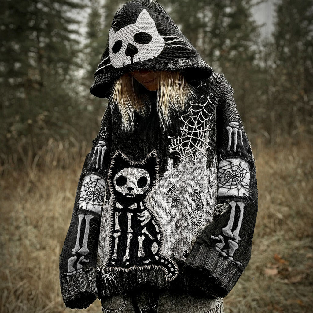 Comstylish Halloween Funny Black Cat Skull Spider Web Jacquard Knitted Hooded Sweater
