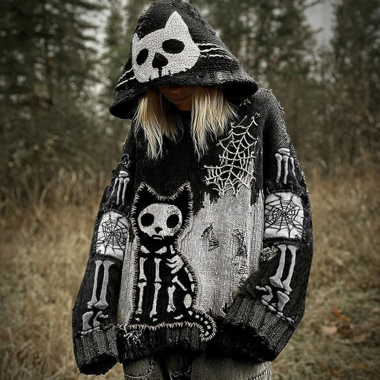 Comstylish Halloween Funny Black Cat Skull Spider Web Jacquard Knitted Hooded Sweater
