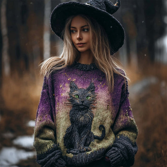 Comstylish Halloween Black Cat Embroidered Vintage Cozy Knit Sweater