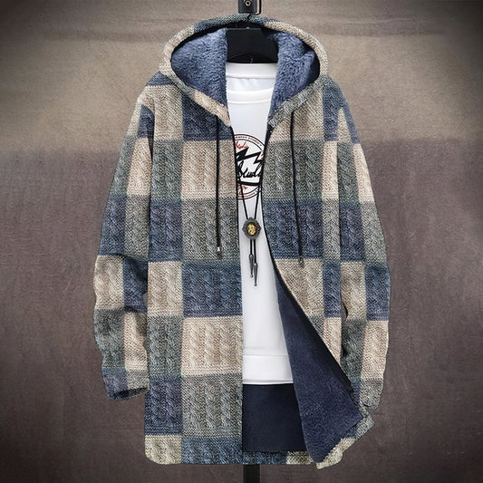 Men's Vintage Patchwork Knitted Pattern Comfortable Plush Hooded Coat artswardrobe