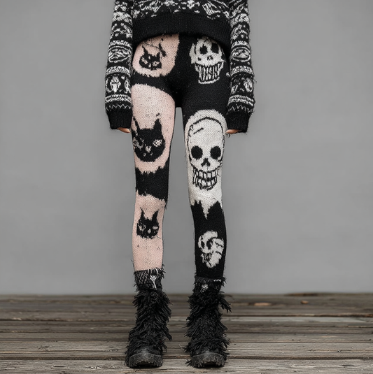 Comstylish Halloween Skeleton And Cat Pattern Knitted Tight Wool Pants