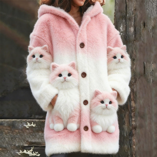 Comstylish Winter Plush Cats Women's Hooded Plush Cardigan