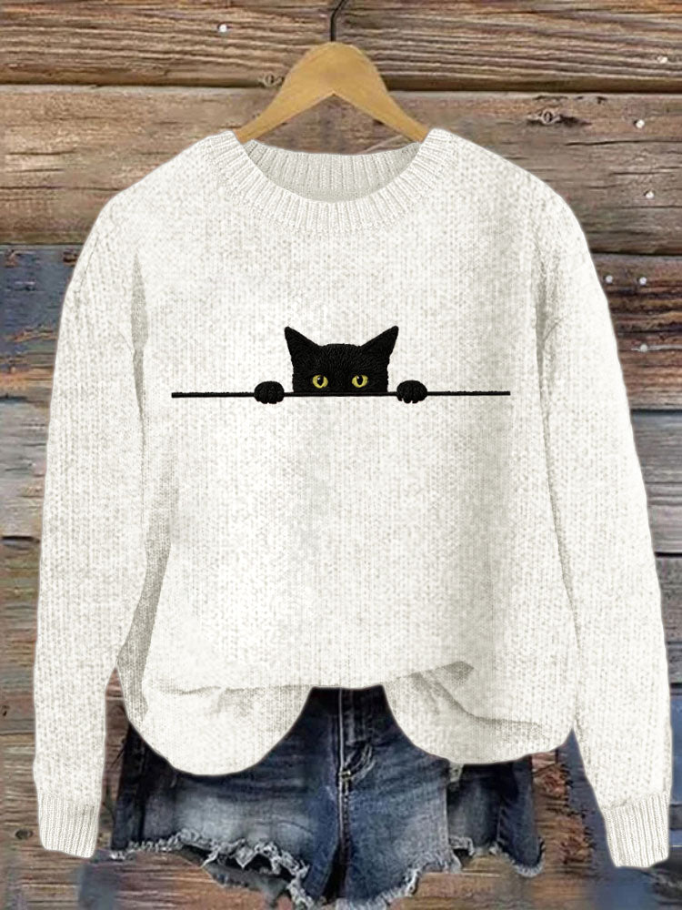 Comstylish Women's Casual Funny Black Cat Print Sweater