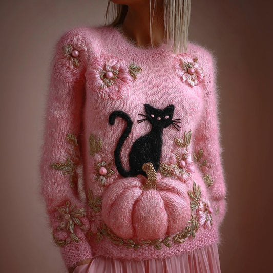 Comstylish Vintage Black Cat Pumpkin Embroidered Cozy Knit Sweater