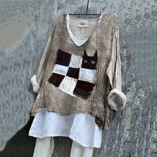 Vintage Patchwork Abstract Cat Sashiko Art Linen Blend Blouse elevenforest