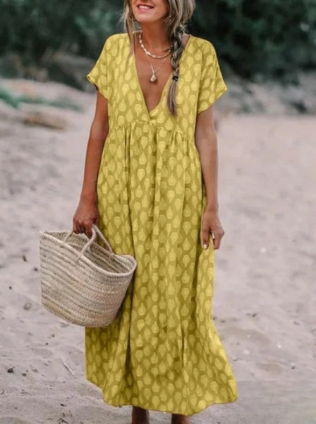 LB | Casualowa sukienka z drukowanego materiału z dekoltem w szpic i długimi rękawami