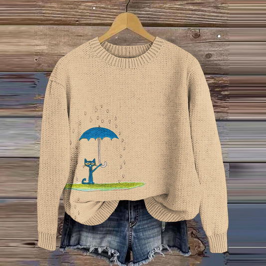Comstylish Cats In The Rain Art Print Knit Sweater