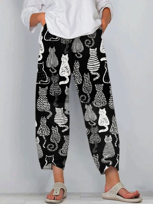 Comstylish Black and White Cat Line Print Linen Casual Pants