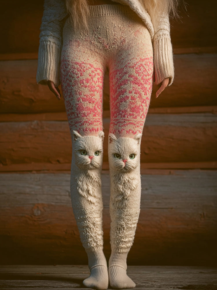 Comstylish Women's Cute Cat Pink And White Gradient Pants