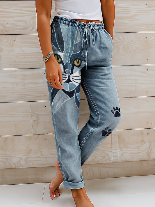 Comstylish Cat Face Geometric Patchwork Paw Print Embroidered Drawstring Casual Pants