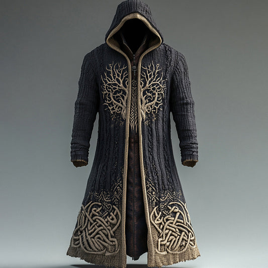 Men's Viking Contrast Color Tree Of Life Embroidered Knit Hooded Coat artswardrobe