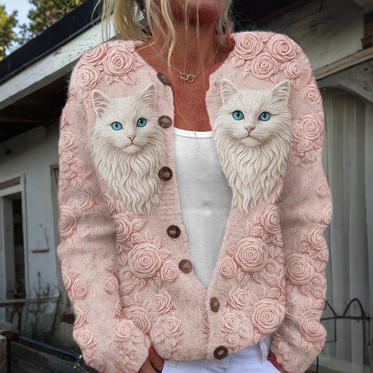 Comstylish Vintage Cute Cat Face With Roses Art Embroidered Art Cozy Knit Cardigan