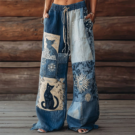Comstylish Boho Cats Floral Denim Fiber Art Patchwork Wide Leg Pants