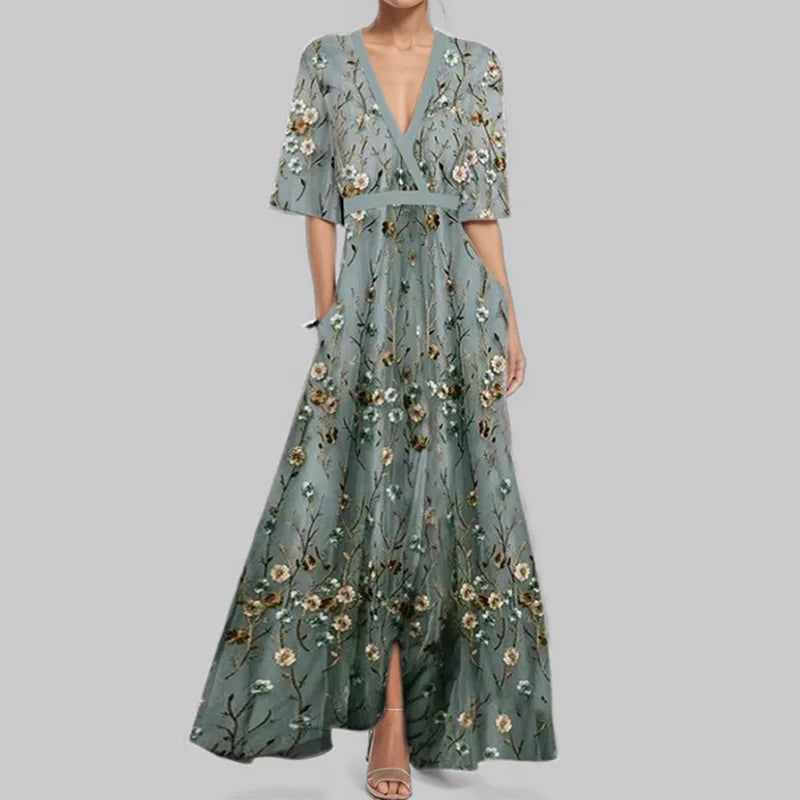 LB | Spring Summer Women Fashion V Neck Belted Party Long Dress Sexy Print Boho Maxi Dresses Short Sleeve Bag Femlae Holiday