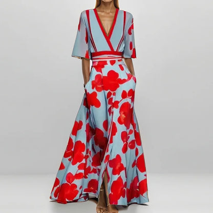 LB | Spring Summer Women Fashion V Neck Belted Party Long Dress Sexy Print Boho Maxi Dresses Short Sleeve Bag Femlae Holiday