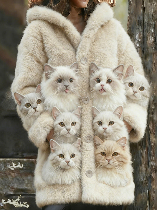 Comstylish Furry Tongue-out Kitten Warmth Hooded Cardigan