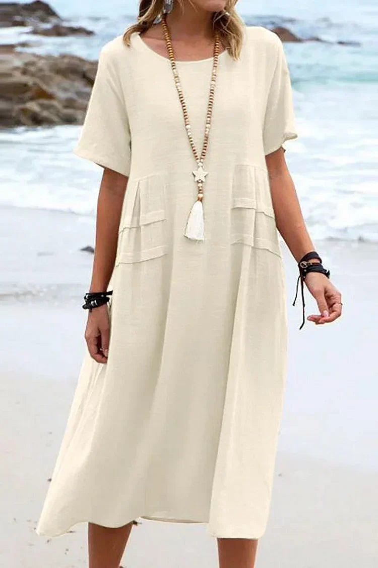 LB | Luźna, casualowa sukienka z krótkim rękawem, okrągłym dekoltem i jednolitymi kolorami