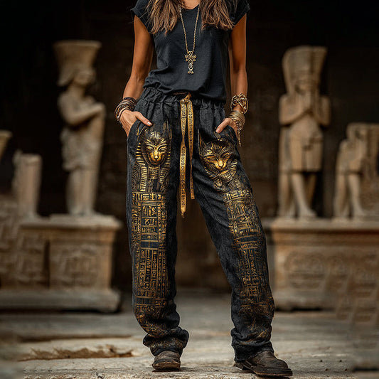 Comstylish Women's Vintage Ancient Egyptian Cat Art Linen Blend Casual Pants