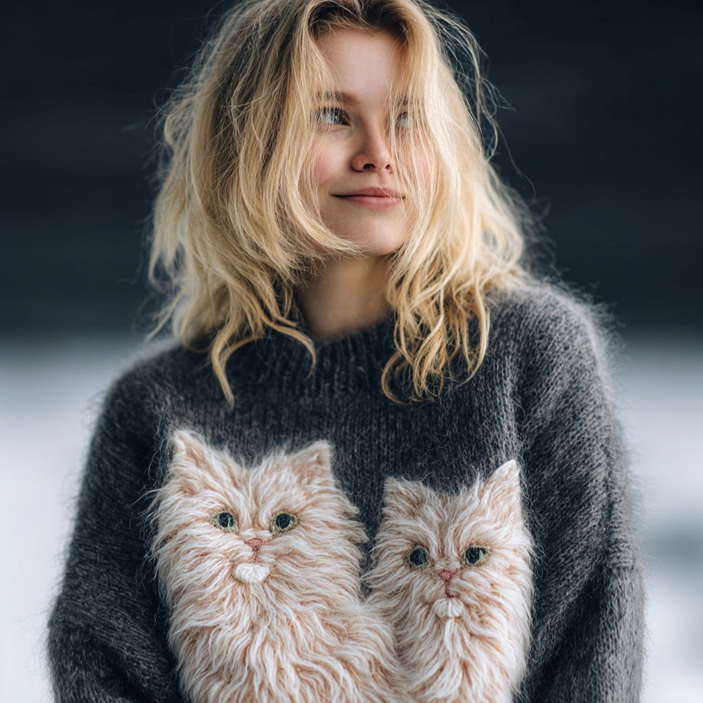 Comstylish Cute Fuzzy Cats Pattern Crew Neck Cozy Knit Sweater