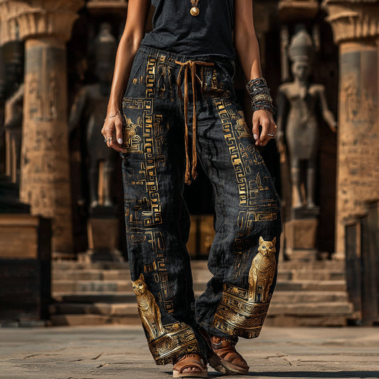 Comstylish Women's Vintage Ancient Egyptian Cat Art Linen Blend Pants