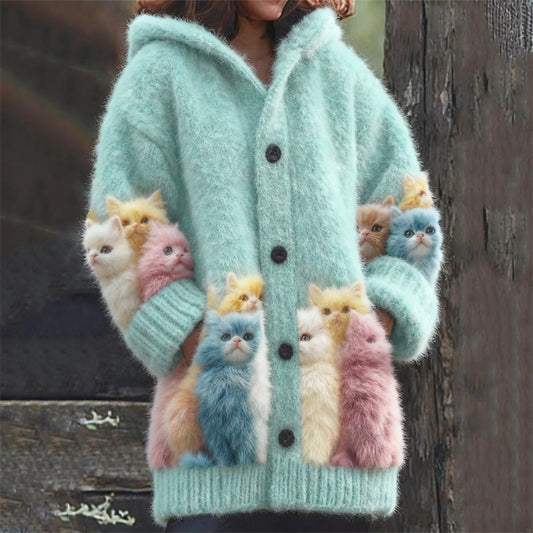 Comstylish Lovely Colorful Fuzzy Cats Cozy Hooded Cardigan