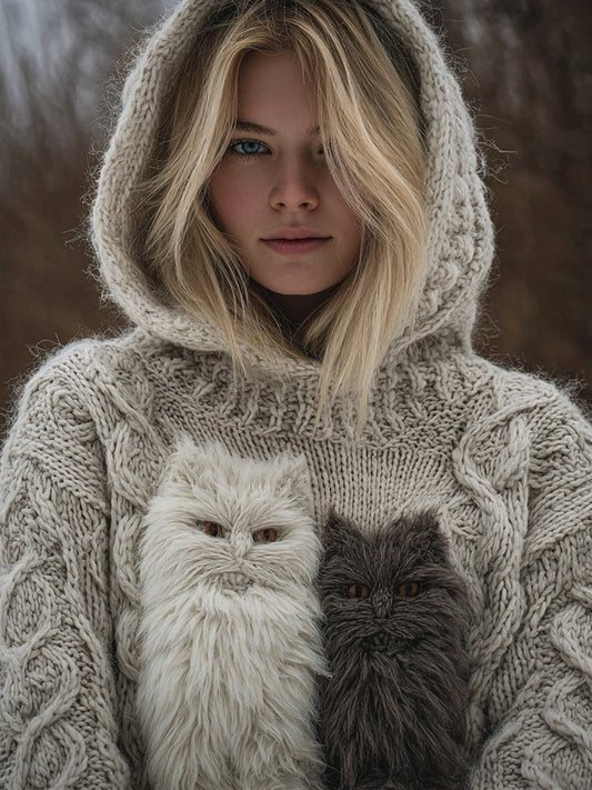 Comstylish Cute Fuzzy Cats Embroidered Cozy Hooded Sweater