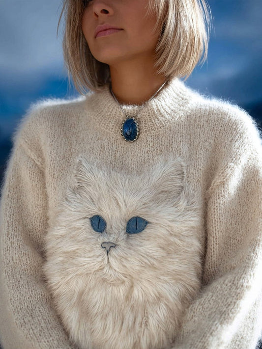 Comstylish Cute Fuzzy Cat Embroidered Cozy Knit Sweater