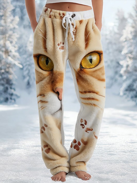 Comstylish Women's Winter Cute Cat Pattern Warm Flannel Casual Long Pants