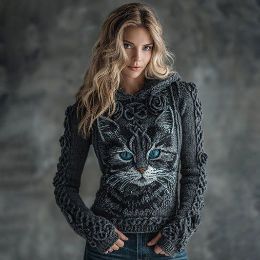 Comstylish Women's Vintage Cute Cat Art Knitted Warm Hooded Sweater