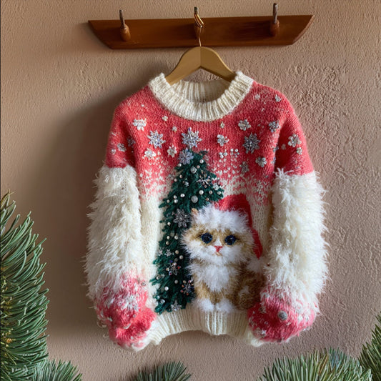 Comstylish Women's Christmas Tree And Cat Color Blocked Sweater