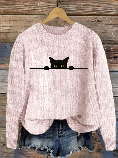 Comstylish Women's Casual Funny Black Cat Print Sweater