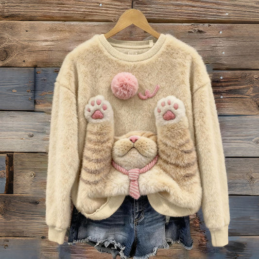 Comstylish Cute Cat Plush Warm Crew Neck Sweater