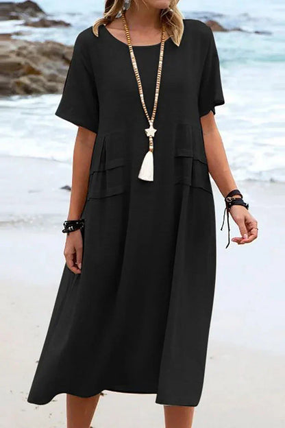 LB | Luźna, casualowa sukienka z krótkim rękawem, okrągłym dekoltem i jednolitymi kolorami